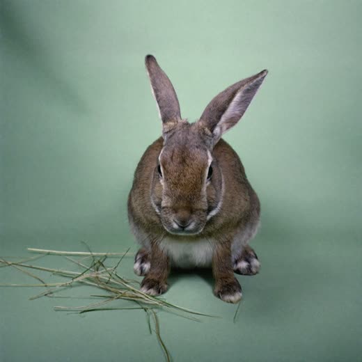A rabbit with a handful of hay
